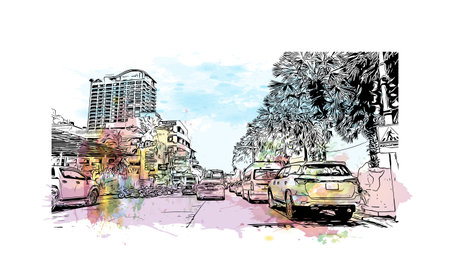 Building view with landmark of Pattaya City is the 
city in Thailand. Watercolor splash with hand drawn sketch illustration in vector.のイラスト素材