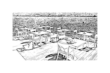 Building view with landmark of Perast is the 
town in Montenegro. Hand drawn sketch illustration in vector.のイラスト素材
