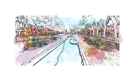 Building view with landmark of Perpignan is the 
commune in France. Watercolor splash with hand drawn sketch illustration in vector.のイラスト素材