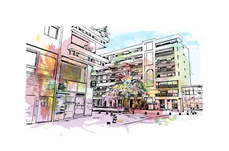 Building view with landmark of Perpignan is the 
commune in France. Watercolor splash with hand drawn sketch illustration in vector.のイラスト素材
