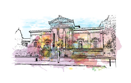 Building view with landmark of Perpignan is the 
commune in France. Watercolor splash with hand drawn sketch illustration in vector.のイラスト素材