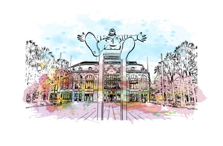 Building view with landmark of Perpignan is the 
commune in France. Watercolor splash with hand drawn sketch illustration in vector.のイラスト素材