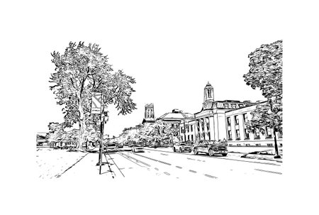 Building view with landmark of Peterborough is a city in eastern England. Hand drawn sketch illustration in vector.のイラスト素材