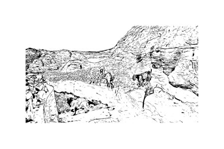 Building view with landmark of Petra is the historical place in Jordan. Hand drawn sketch illustration in vector.のイラスト素材