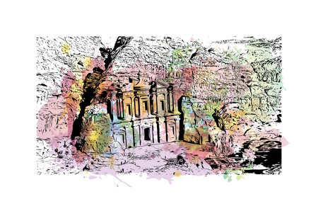 Building view with landmark of Petra is the historical place in Jordan. Watercolor splash with hand drawn sketch illustration in vector.のイラスト素材