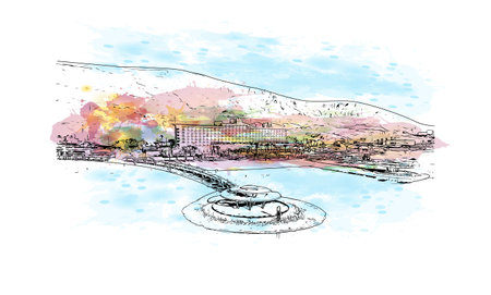 Building view with landmark of Petra is the historical place in Jordan. Watercolor splash with hand drawn sketch illustration in vector.のイラスト素材