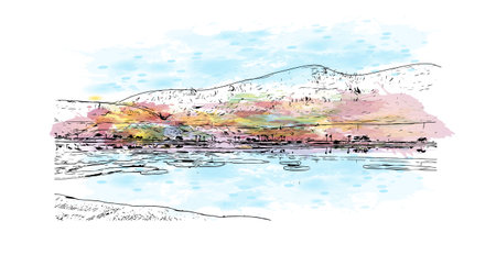 Building view with landmark of Petra is the historical place in Jordan. Watercolor splash with hand drawn sketch illustration in vector.のイラスト素材