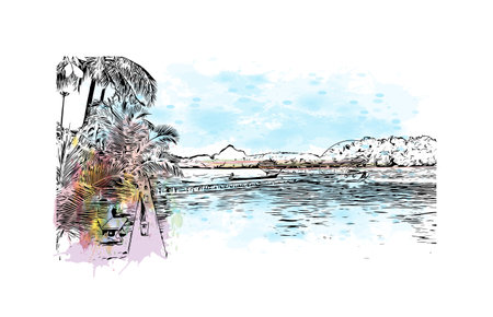 Building view with landmark of Phang Nga is a province in southern Thailand. Watercolor splash with hand drawn sketch illustration in vector.のイラスト素材