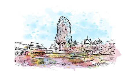 Building view with landmark of Phang Nga is a province in southern Thailand. Watercolor splash with hand drawn sketch illustration in vector.のイラスト素材