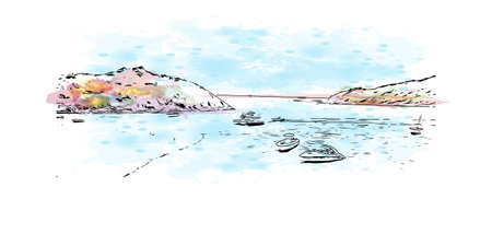 Building view with landmark of Philipsburg is the 
capital of Sint Maarten. Watercolor splash with hand drawn sketch illustration in vector.のイラスト素材