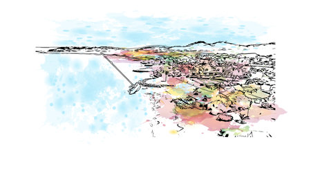 Building view with landmark of Philipsburg is the 
capital of Sint Maarten. Watercolor splash with hand drawn sketch illustration in vector.のイラスト素材