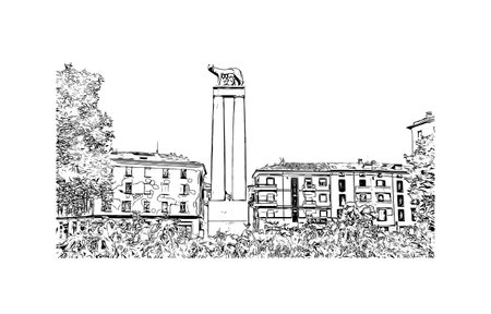 Building view with landmark of Piacenza is a city in Italy. Hand drawn sketch illustration in vector.のイラスト素材