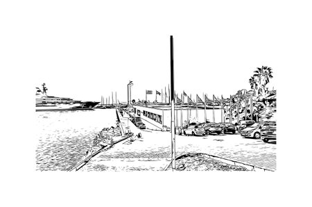 Building view with landmark of Pireas is the 
city in Greece. Hand drawn sketch illustration in vector.のイラスト素材