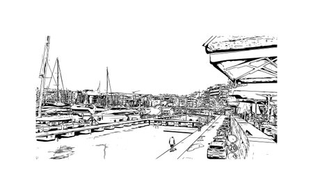 Building view with landmark of Pireas is the 
city in Greece. Hand drawn sketch illustration in vector.のイラスト素材