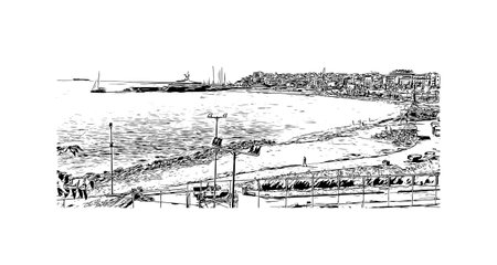 Building view with landmark of Pireas is the 
city in Greece. Hand drawn sketch illustration in vector.のイラスト素材