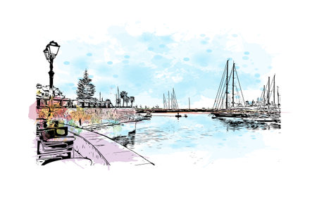 Building view with landmark of Pireas is the 
city in Greece. Watercolor splash with hand drawn sketch illustration in vector.のイラスト素材