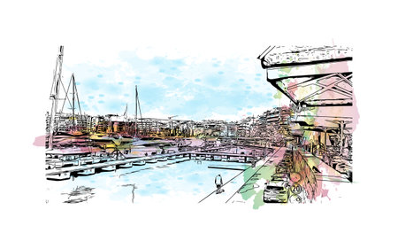 Building view with landmark of Pireas is the 
city in Greece. Watercolor splash with hand drawn sketch illustration in vector.のイラスト素材