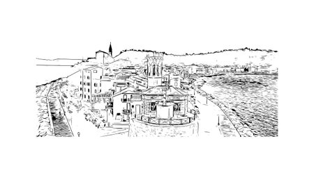 Building view with landmark of Piran is the 
town in Slovenia. Hand drawn sketch illustration in vector.のイラスト素材