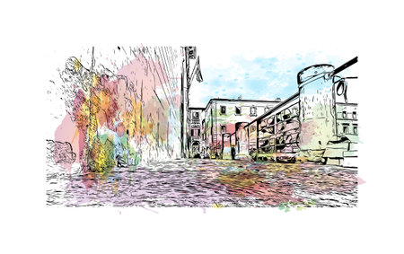 Building view with landmark of Pistoia is a city in Italy. Watercolor splash with hand drawn sketch illustration in vector.のイラスト素材