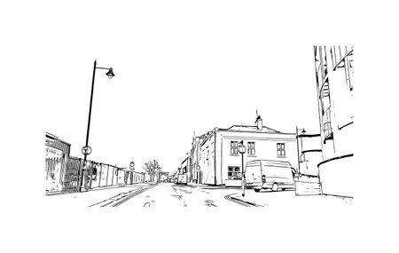 Building view with landmark of Plymouth is the city in England. Hand drawn sketch illustration in vector.のイラスト素材