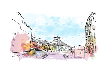 Building view with landmark of Plymouth is the city in England. Watercolor splash with Hand drawn sketch illustration in vector.のイラスト素材