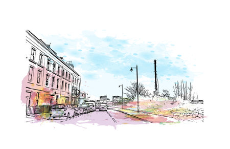 Building view with landmark of Plymouth is the city in England. Watercolor splash with Hand drawn sketch illustration in vector.のイラスト素材