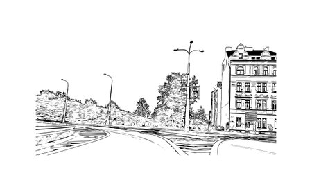 Building view with landmark of Pilzen is a city in the western Czech Republic. Watercolor splash with hand drawn sketch illustration in vector.のイラスト素材