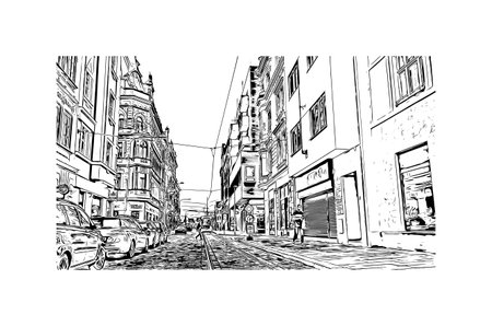 Building view with landmark of Pilzen is a city in the western Czech Republic. Watercolor splash with hand drawn sketch illustration in vector.のイラスト素材