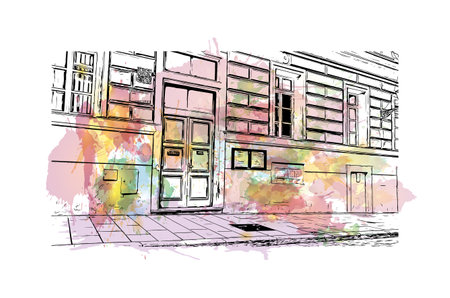 Building view with landmark of Pilzen is a city in the western Czech Republic. Watercolor splash with hand drawn sketch illustration in vector.のイラスト素材
