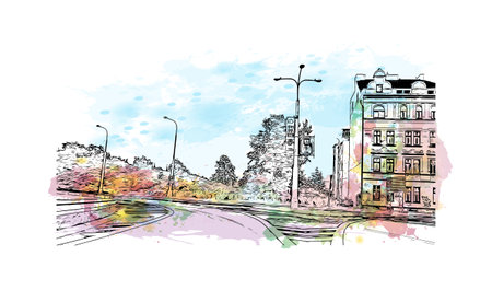 Building view with landmark of Pilzen is a city in the western Czech Republic. Watercolor splash with hand drawn sketch illustration in vector.のイラスト素材