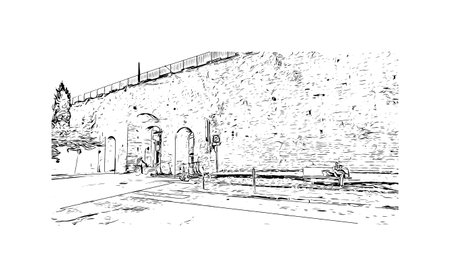 Building view with landmark of Pisa is a city in Italy. Hand drawn sketch illustration in vector.のイラスト素材