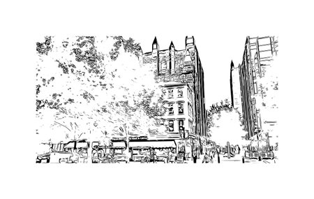 Building view with landmark of Pittsburgh is a city in western Pennsylvania. Hand drawn sketch illustration in vector.のイラスト素材