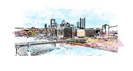 Building view with landmark of Pittsburgh is a city in western Pennsylvania. Watercolor splash with hand drawn sketch illustration in vector.のイラスト素材