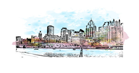 Building view with landmark of Pittsburgh is a city in western Pennsylvania. Watercolor splash with hand drawn sketch illustration in vector.のイラスト素材