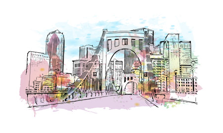 Building view with landmark of Pittsburgh is a city in western Pennsylvania. Watercolor splash with hand drawn sketch illustration in vector.のイラスト素材