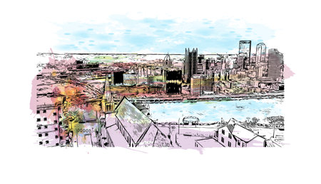 Building view with landmark of Pittsburgh is a city in western Pennsylvania. Watercolor splash with hand drawn sketch illustration in vector.のイラスト素材