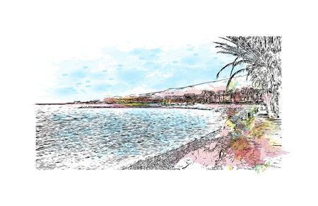 Building view with landmark of Playa de las Americas is the  upscale resort in Spain. Watercolor splash with hand drawn sketch illustration in vector.のイラスト素材