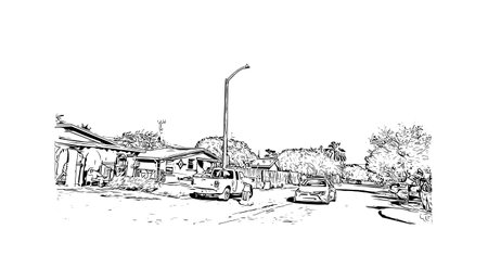 Building view with landmark of Pompano  is the 
city in Florida. Hand drawn sketch illustration in vector.のイラスト素材