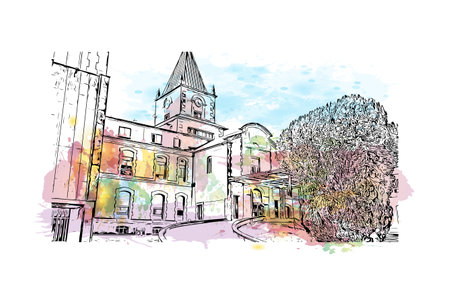Building view with landmark of Pontevedra  is the beach in Jacksonville. Watercolor splash with hand drawn sketch illustration in vector.のイラスト素材