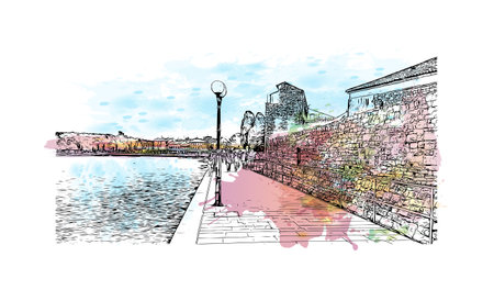 Building view with landmark of Porec is the 
town in Croatia. Watercolor splash with hand drawn sketch illustration in vector.のイラスト素材