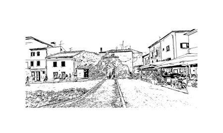 Building view with landmark of Porec is the 
town in Croatia. Hand drawn sketch illustration in vector.のイラスト素材