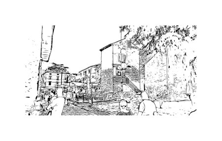 Building view with landmark of Porec is the 
town in Croatia. Hand drawn sketch illustration in vector.のイラスト素材