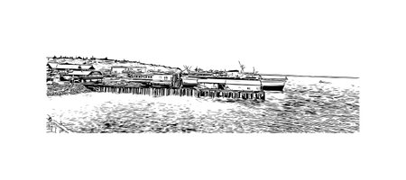 Building view with landmark of Port Angeles is the 
city in Washington State.
Hand drawn sketch illustration in vector.のイラスト素材