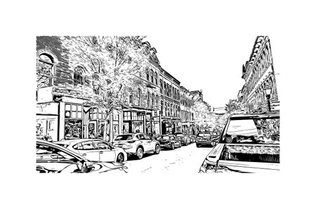 Building view with landmark of Portland is the 
city in Maine. Hand drawn sketch illustration in vector.のイラスト素材