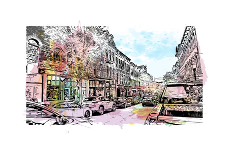 Building view with landmark of Portland is the 
city in Maine. Watercolor splash with hand drawn sketch illustration in vector.のイラスト素材