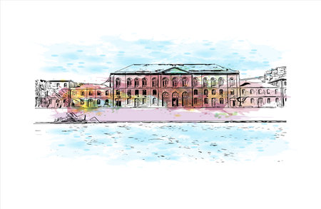 Building view with landmark of Porto Novo is the 
capital of Benin. Watercolor splash with hand drawn sketch illustration in vector.のイラスト素材