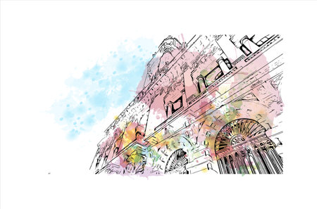 Building view with landmark of Porto Novo is the 
capital of Benin. Watercolor splash with hand drawn sketch illustration in vector.のイラスト素材