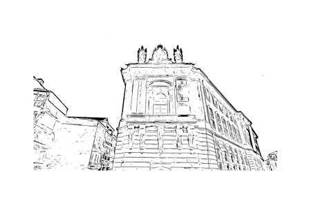 Building view with landmark of Porto Novo is the 
capital of Benin. Hand drawn sketch illustration in vector.のイラスト素材