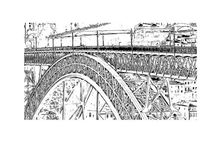 Building view with landmark of Porto Novo is the 
capital of Benin. Watercolor splash with hand drawn sketch illustration in vector.のイラスト素材