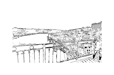 Building view with landmark of Porto Novo is the 
capital of Benin. Watercolor splash with hand drawn sketch illustration in vector.のイラスト素材